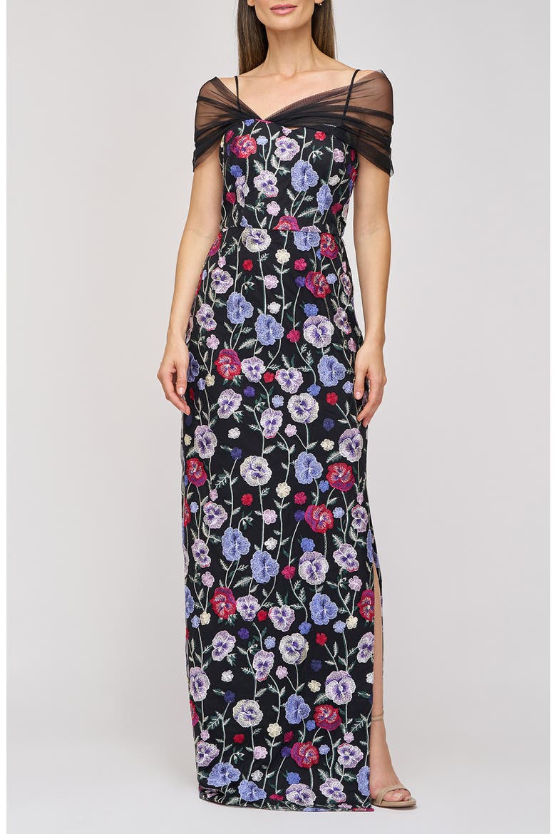 Stormi Floral Embroidery Mesh Sleeve Gown, Main, color, BLACK/ MULTI