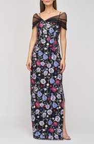 JS Collections Stormi Floral Embroidery Mesh Sleeve Gown