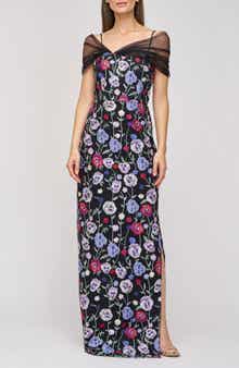 JS Collections Stormi Floral Embroidery Mesh Sleeve Gown