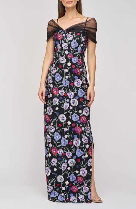 JS Collections Stormi Floral Embroidery Mesh Sleeve Gown