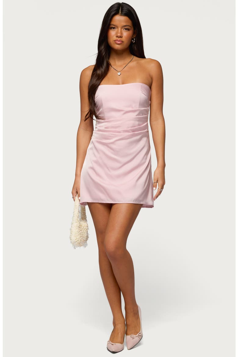 Valeriah Pleated Strapless Satin Minidress, Alternate, color, PINK