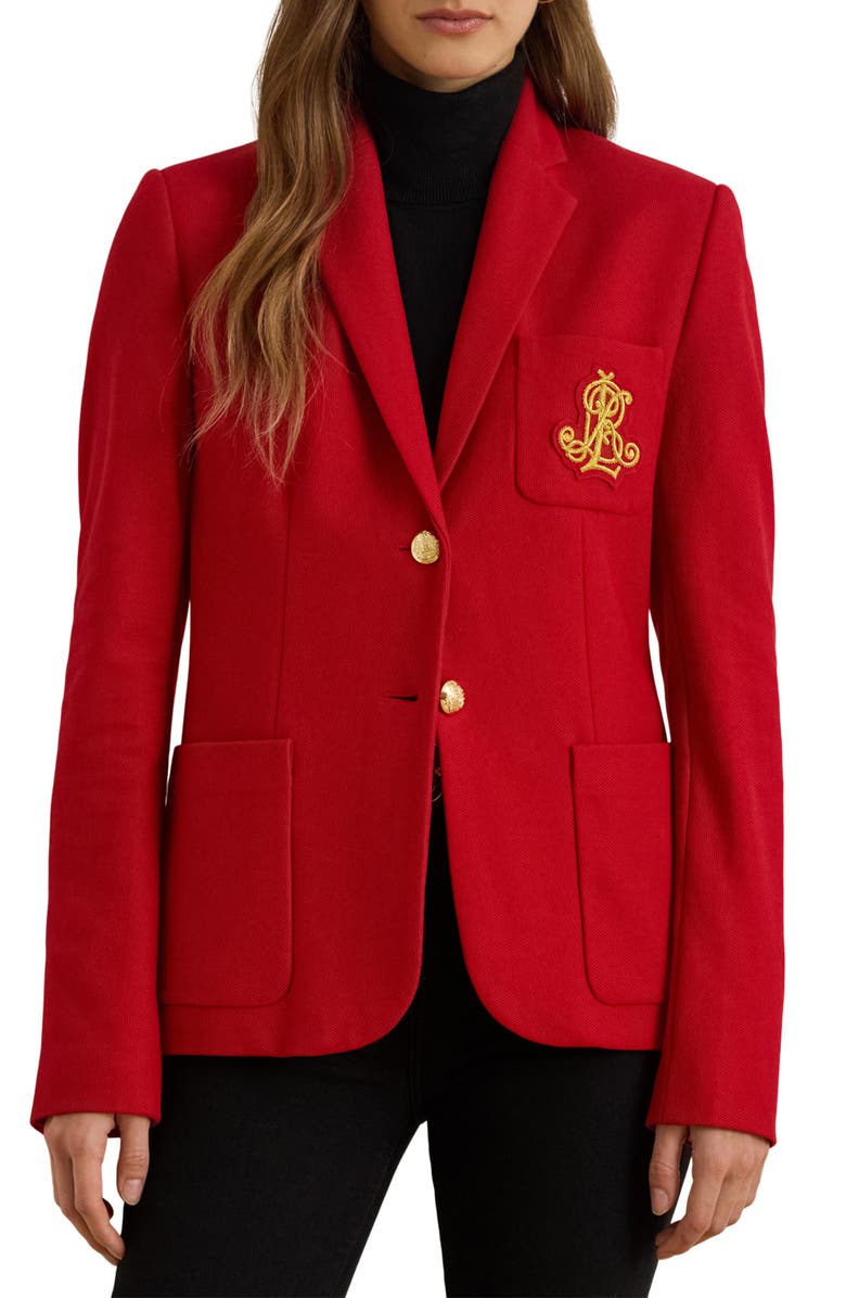 Lauren Ralph Lauren Bullion Jacquard Logo Patch Cotton Blend Blazer, Main, color, Ralph Red