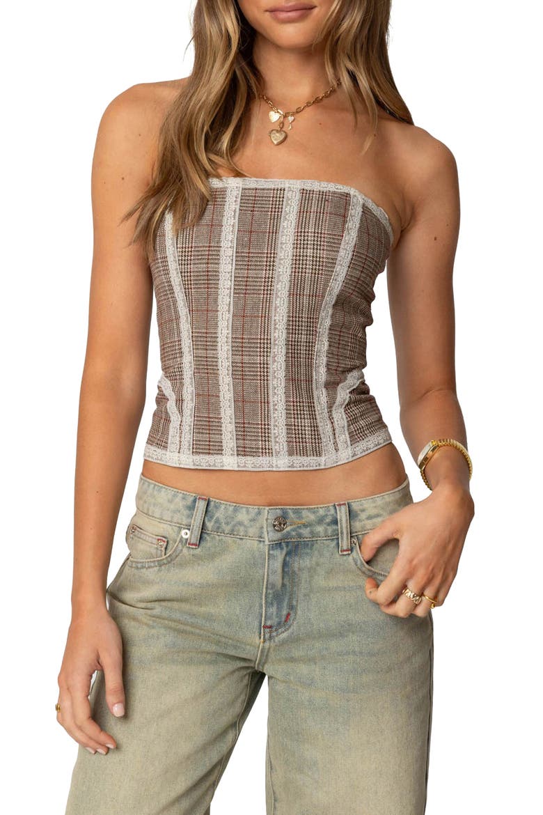 Jaiden Plaid Strpless Corset Top, Main, color, BROWN