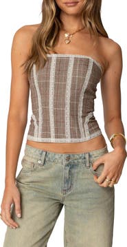 EDIKTED Jaiden Plaid Strpless Corset Top