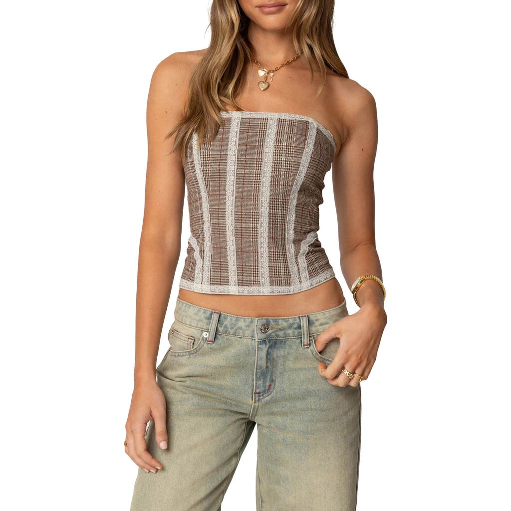 Edikted Jaiden Plaid Strpless Corset Top In Brown