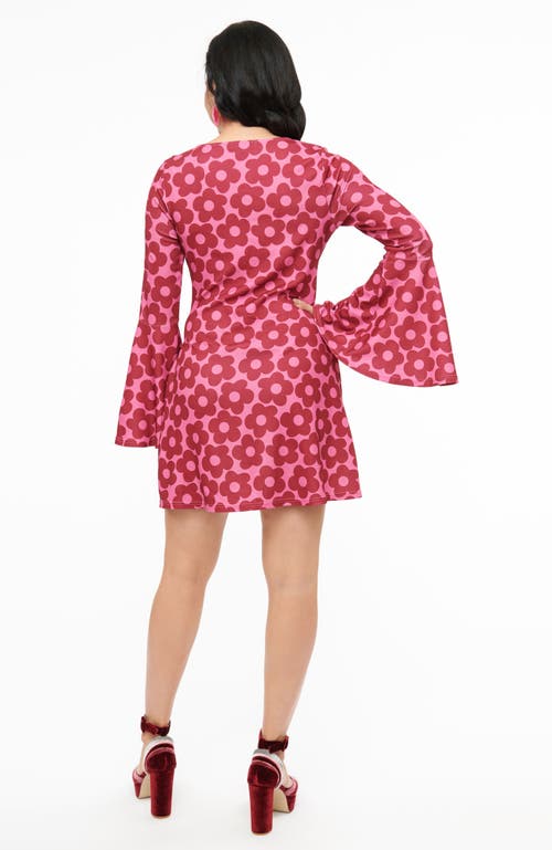 Smak Parlour Printed Trumpet Sleeve Tunic Mini Dress In Pink Burgundy