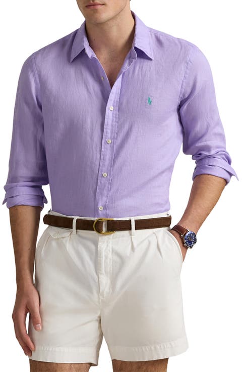 Classic Fit Solid Purple Linen Button-Down Shirt