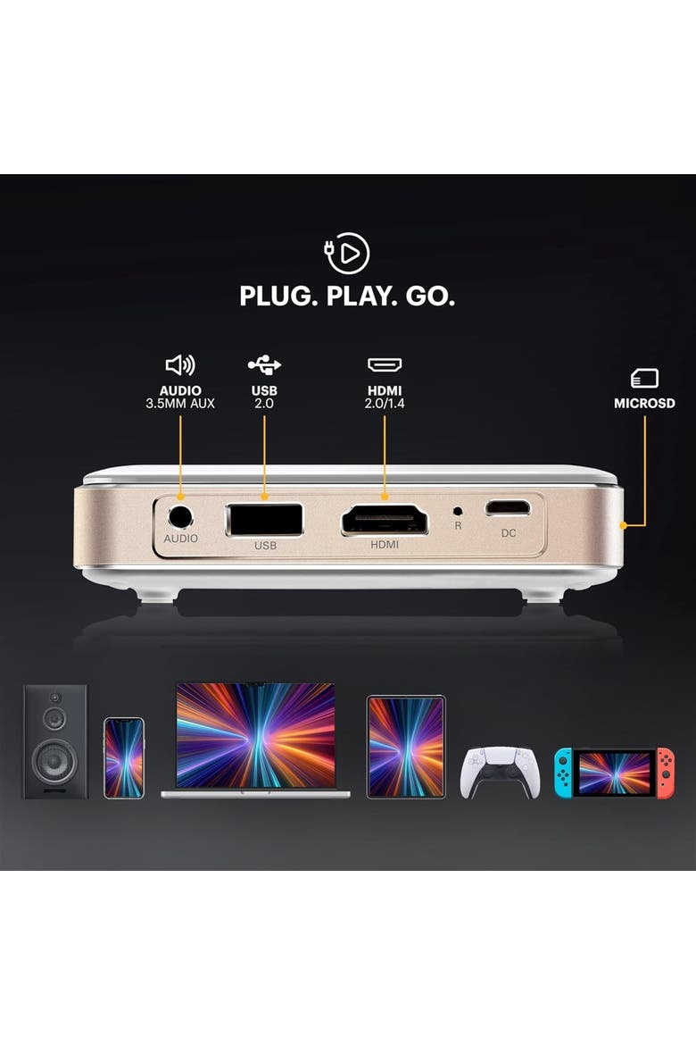 Luma 150 Pico Projector, Rechargeable Ultra Mini Projector w/60" Screen, Tripod & Case, Alternate, color, White