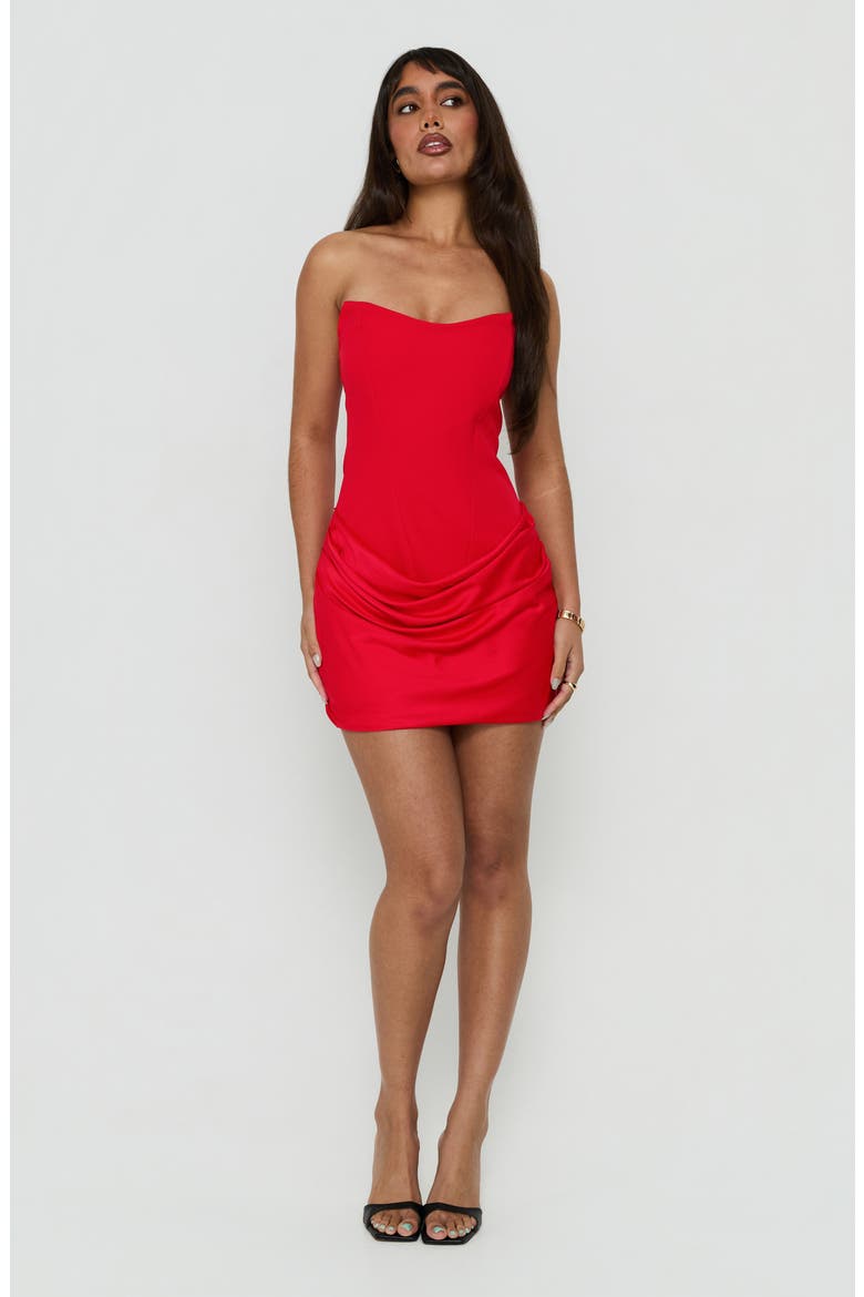 Delmina Strapless Satin Drop Waist Minidress, Alternate, color, RED