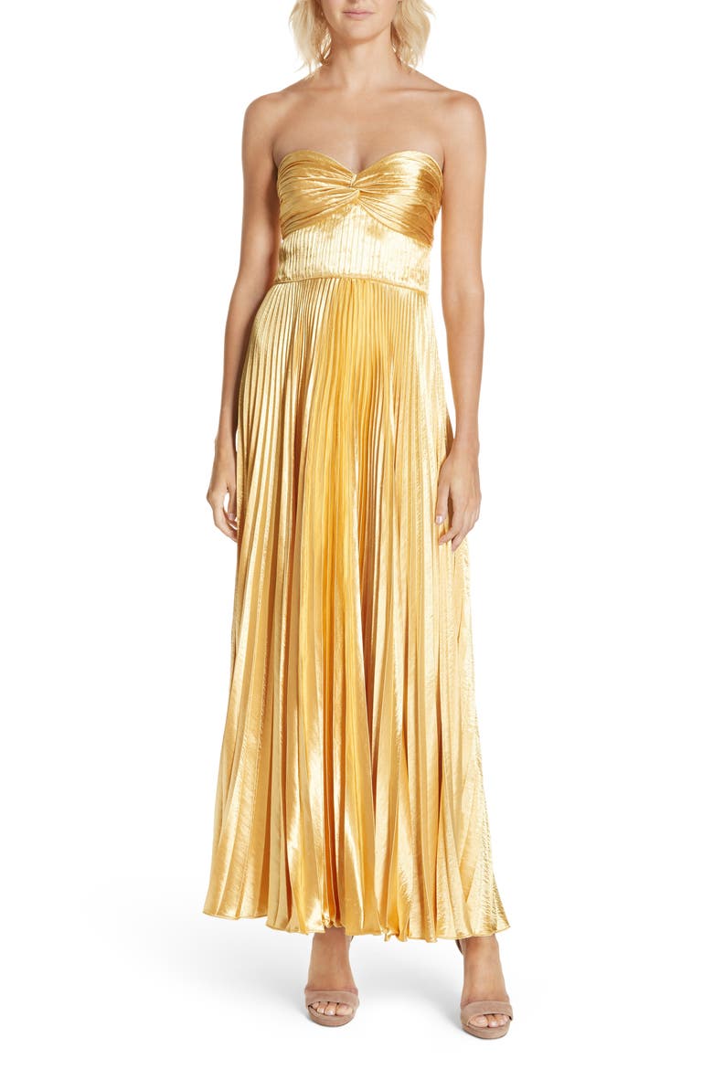 Belle Pleated Satin Strapless Gown, Main, color, GOLD