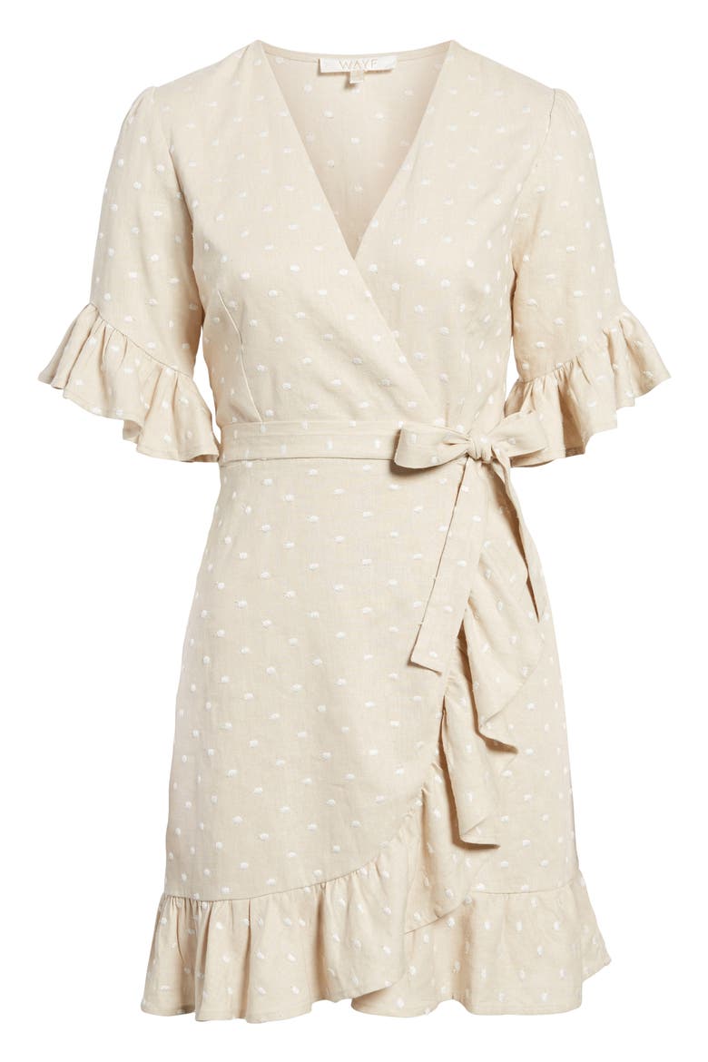 Ruffle Wrap Dress, Alternate, color, NATURAL/ IVORY POLKA DOT