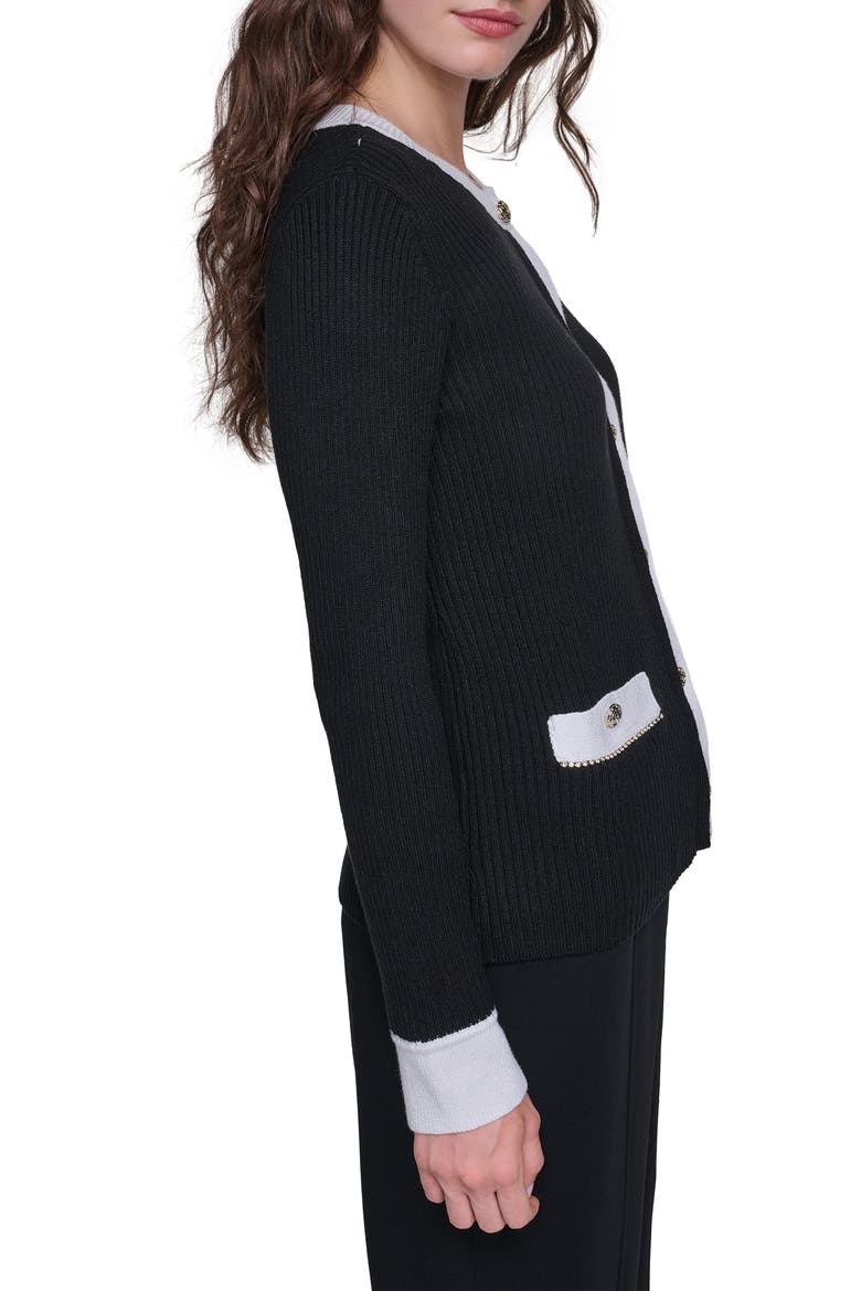 Contrast Trim Ribbed Cardigan, Alternate, color, BLACK/ SOFT WHITE