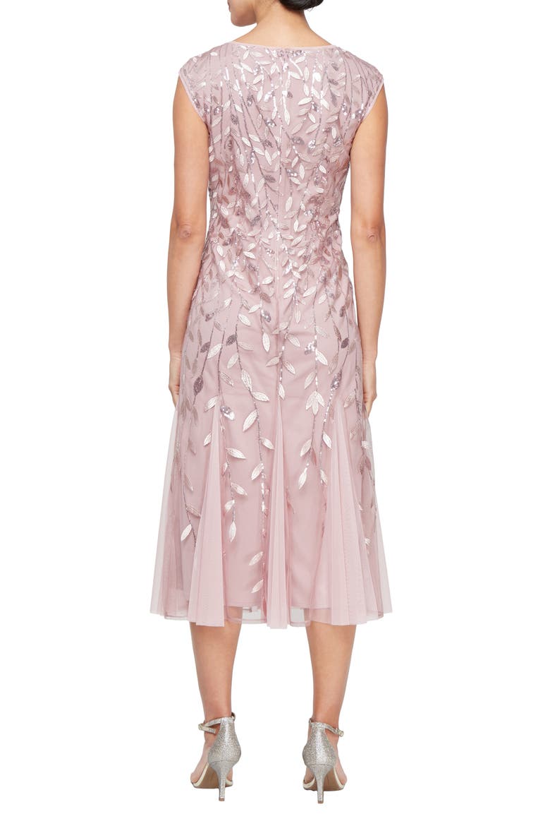 Sequin Leaf Embroidery Cocktail Midi Dress, Alternate, color, ROSE