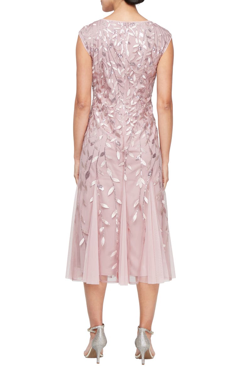 Alex Evenings Sequin Leaf Embroidery Cocktail Midi Dress, Alternate, color, Rose