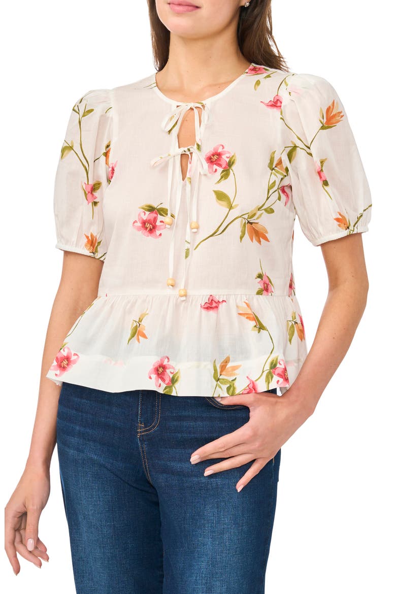 Floral Puff Sleeve Cotton Peplum Top, Main, color, LUCENT WHITE