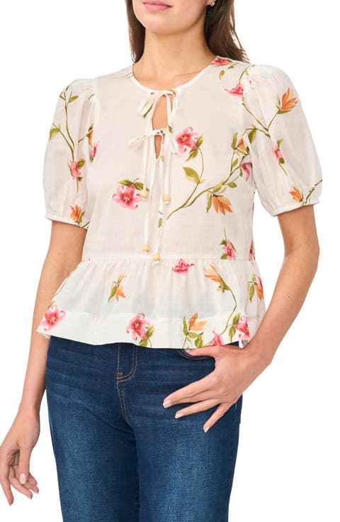 Floral Puff Sleeve Cotton Peplum Top