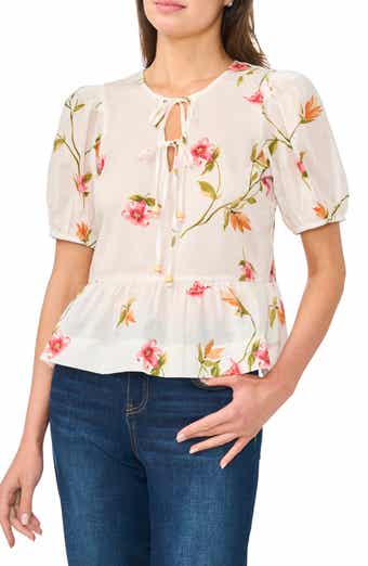 Floral Puff Sleeve Cotton Peplum Top