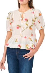 CeCe Floral Puff Sleeve Cotton Peplum Top