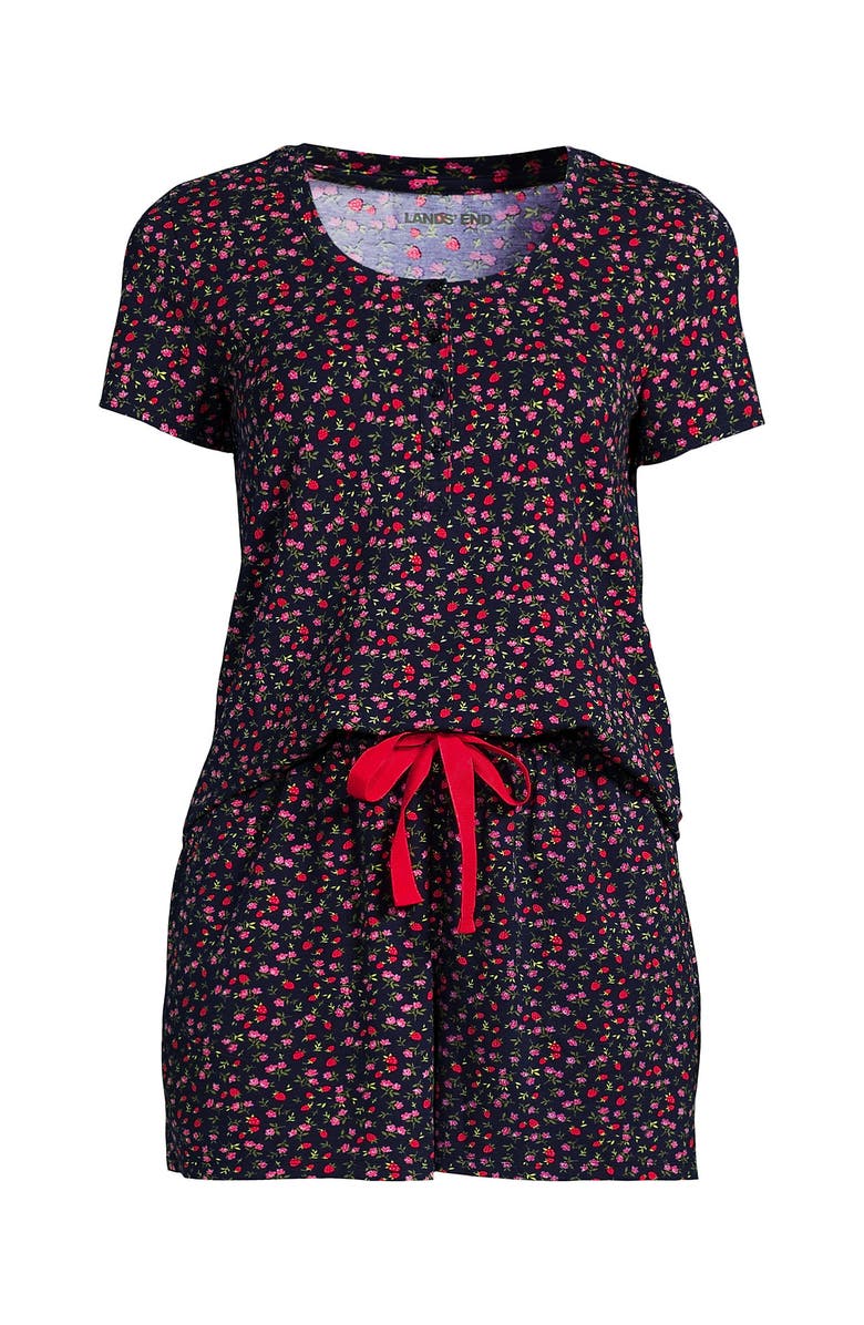 Lands' End Plus Size Knit 2 Piece Pajama Set - Short Sleeve Top and Shorts, Alternate, color, Deep Sea Floral Strawberries