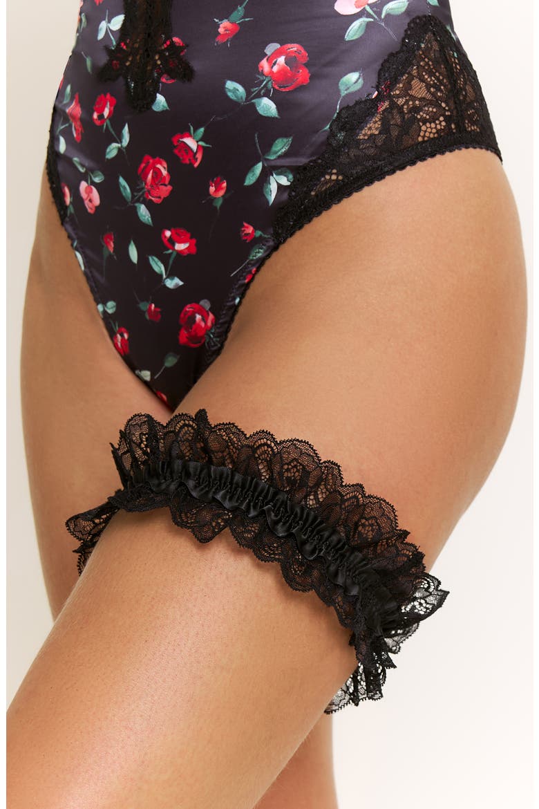 Garden of Eden Lace Trim Satin Bodysuit & Garter Set, Alternate, color, DARK ROSES