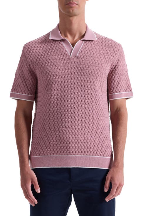 Johnny Collar Basket Stitch Cotton Blend Polo Sweater