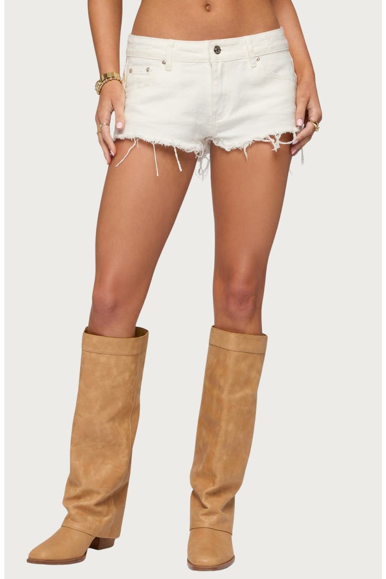 Low Rise Fray Hem Denim Shorts, Main, color, WHITE