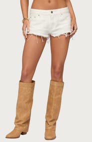 EDIKTED Low Rise Fray Hem Denim Shorts