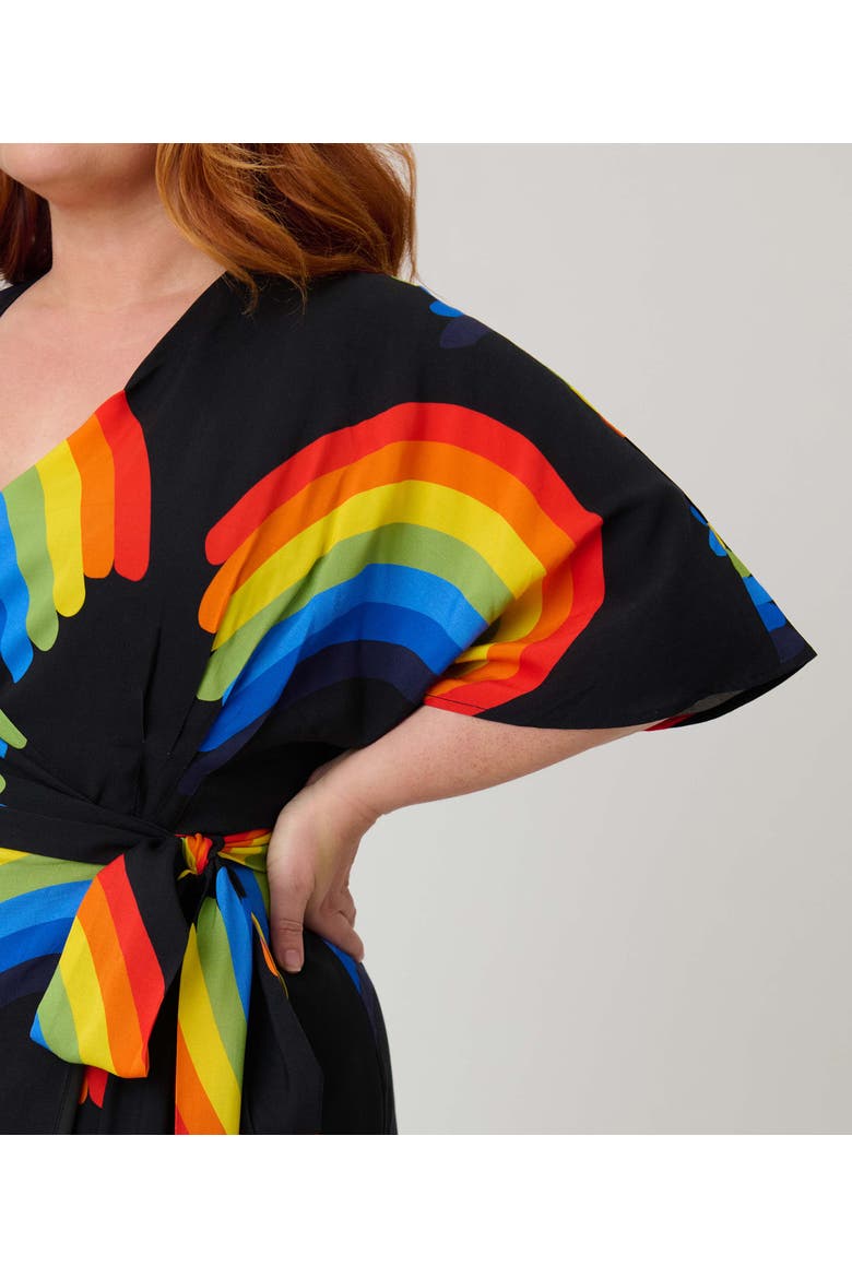 Plus Size Tie Wrap Surplice Midi Dress, Alternate, color, Black w/ Rainbow Print