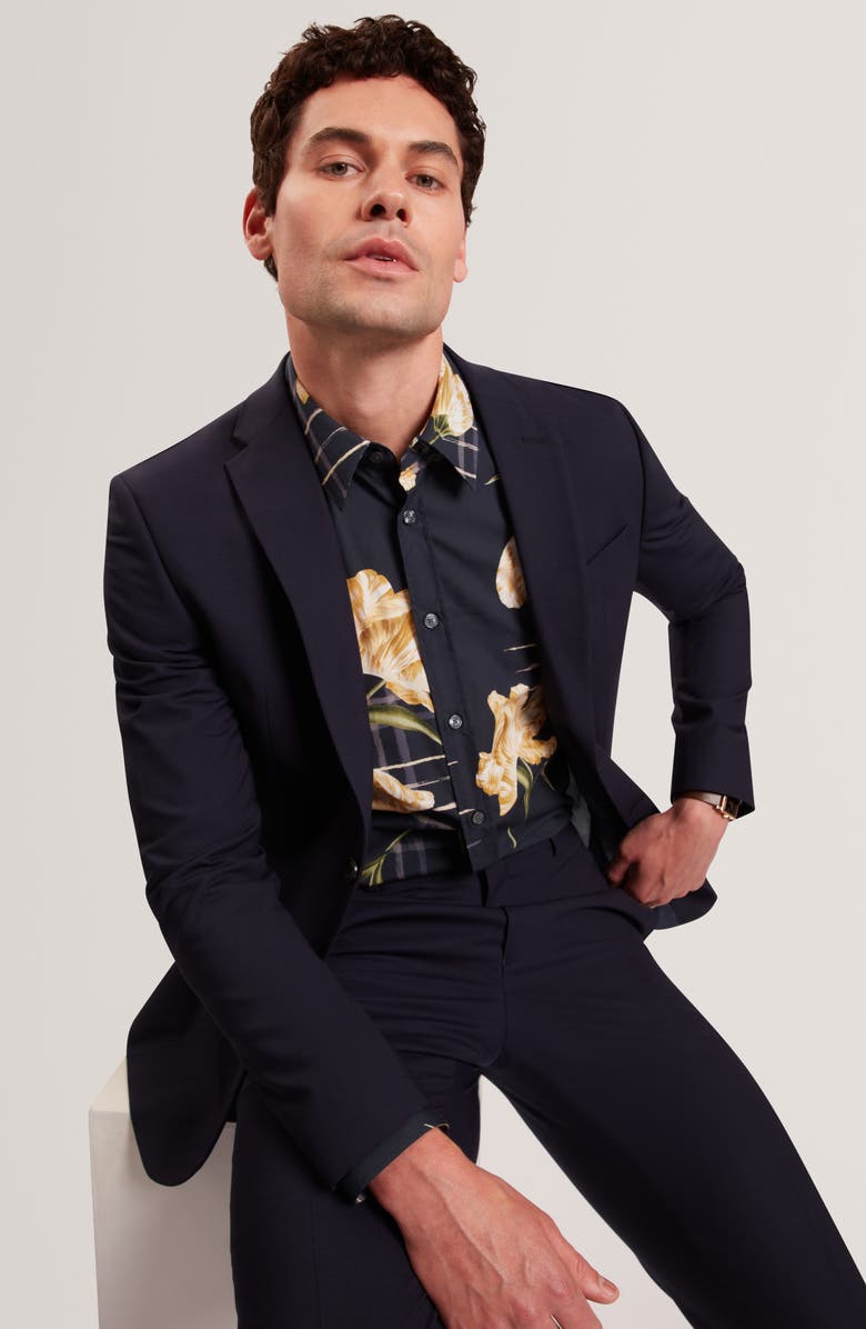 Ted Baker Quorik Floral Print Button-Up Shirt, Alternate, color, Navy