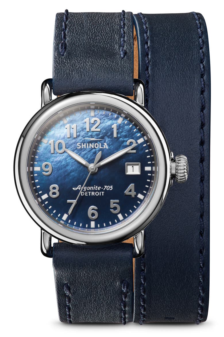 The Runwell Wraparound Leather Strap Watch, 36mm, Main, color, MIDBLUEMOP