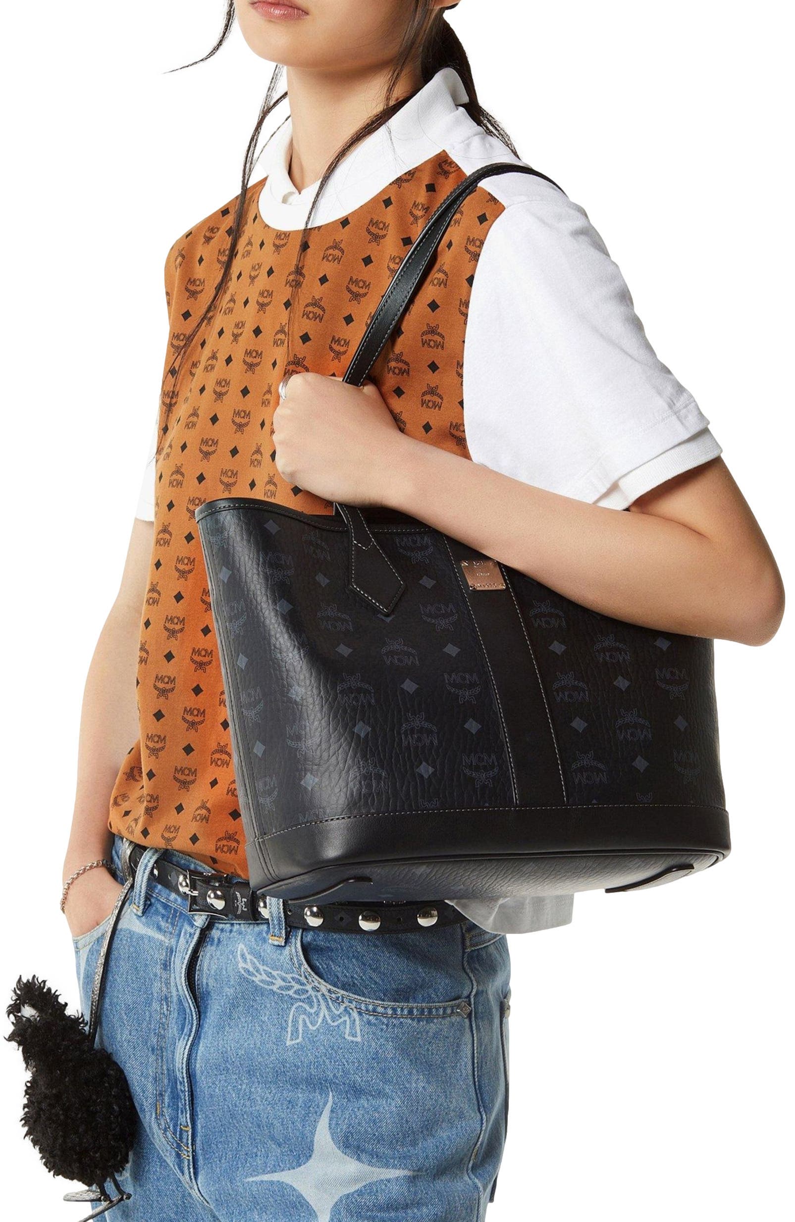 MCM New Small Liz Shopper in Visetos, Alternate, color, Black
