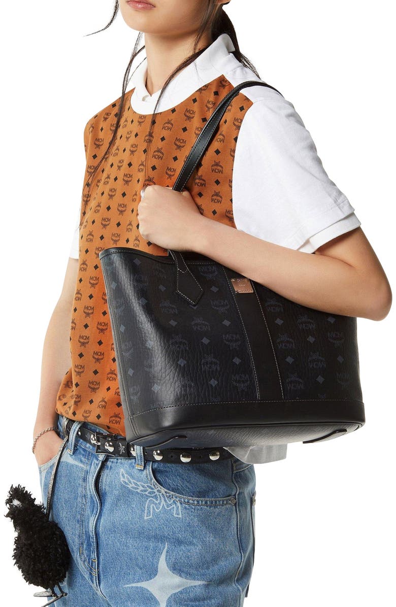 MCM New Small Liz Shopper in Visetos, Alternate, color, Black