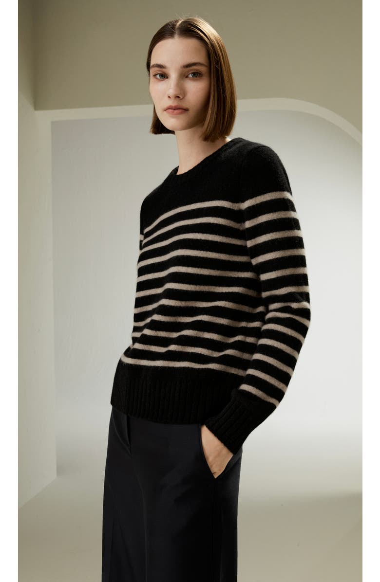 Lilysilk Striped Round Collar Cashmere Sweater, Alternate, color, Black