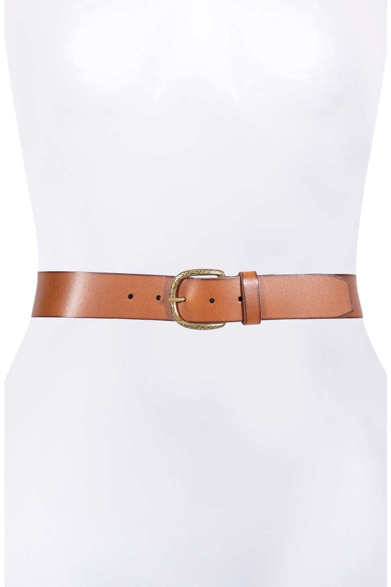 Burnished Leather Belt with Engraved Buckle, Alternate, color, HONEY