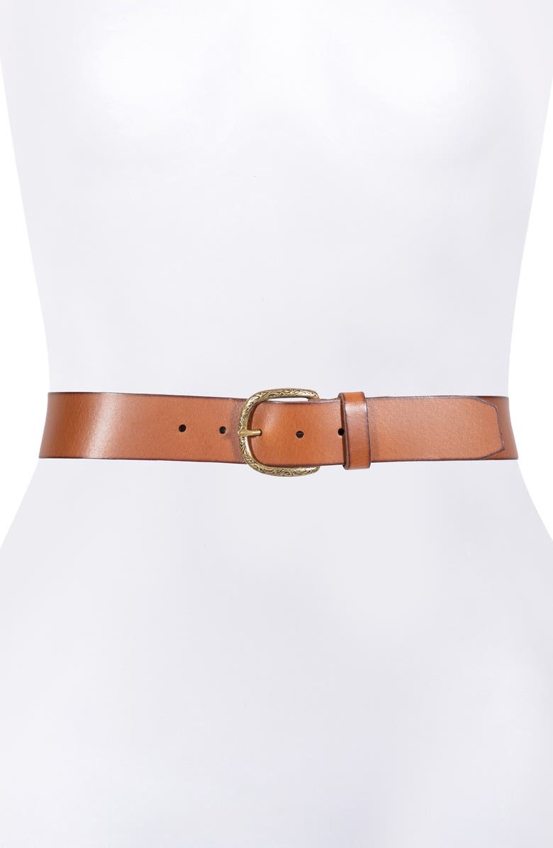 Frye Burnished Leather Belt with Engraved Buckle, Alternate, color,