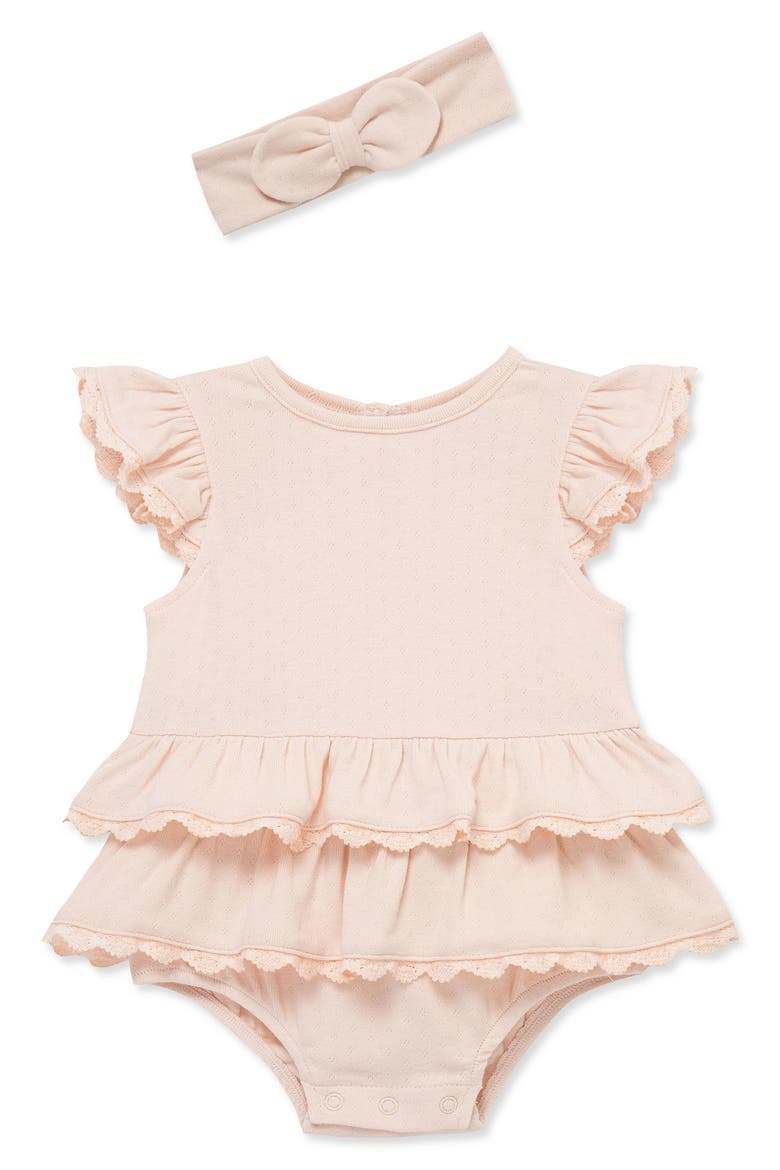 Seashell Lace Bubble Bubble Romper & Headband Set, Main, color, PINK