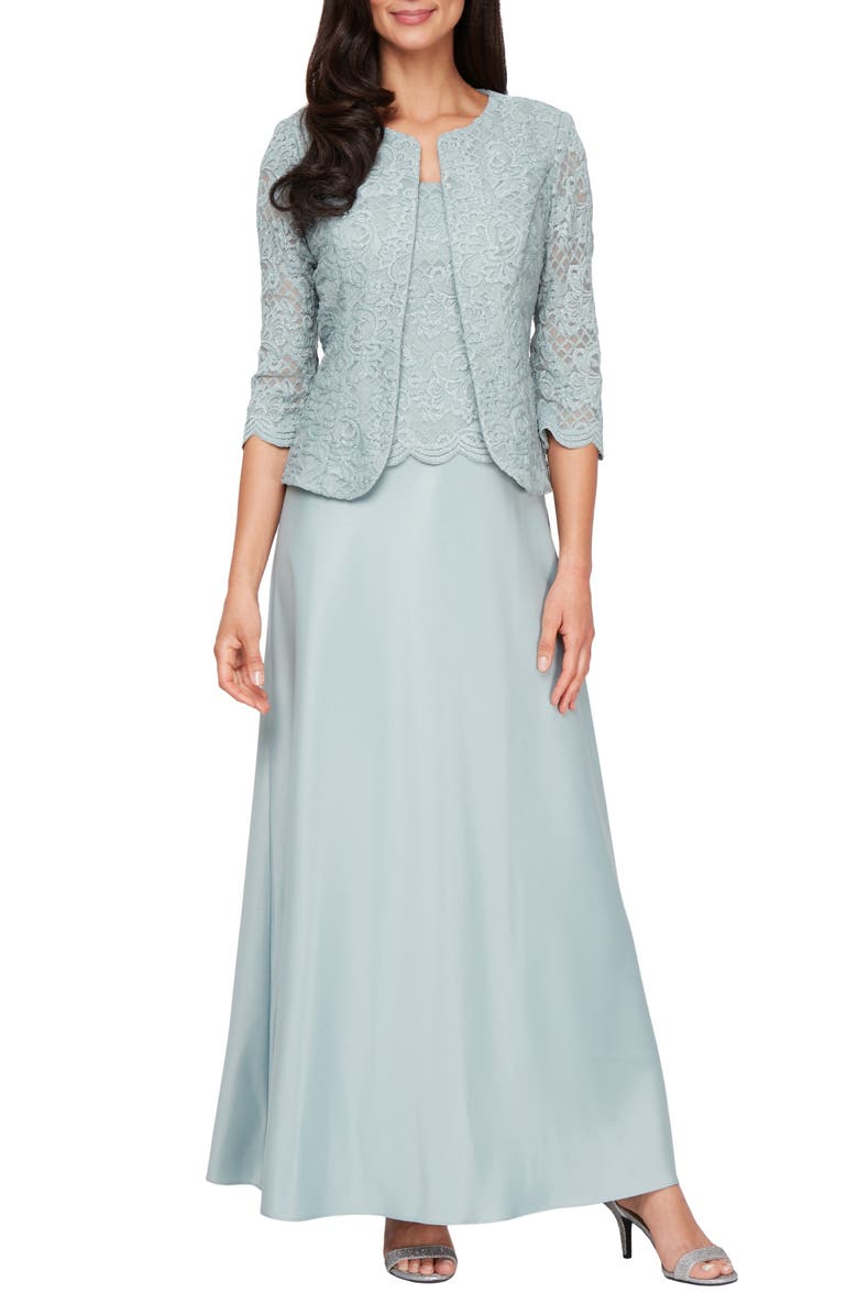 Alex Evenings Embroidered Lace Mock Two-Piece Gown with Jacket, Main, color, Ice Sage