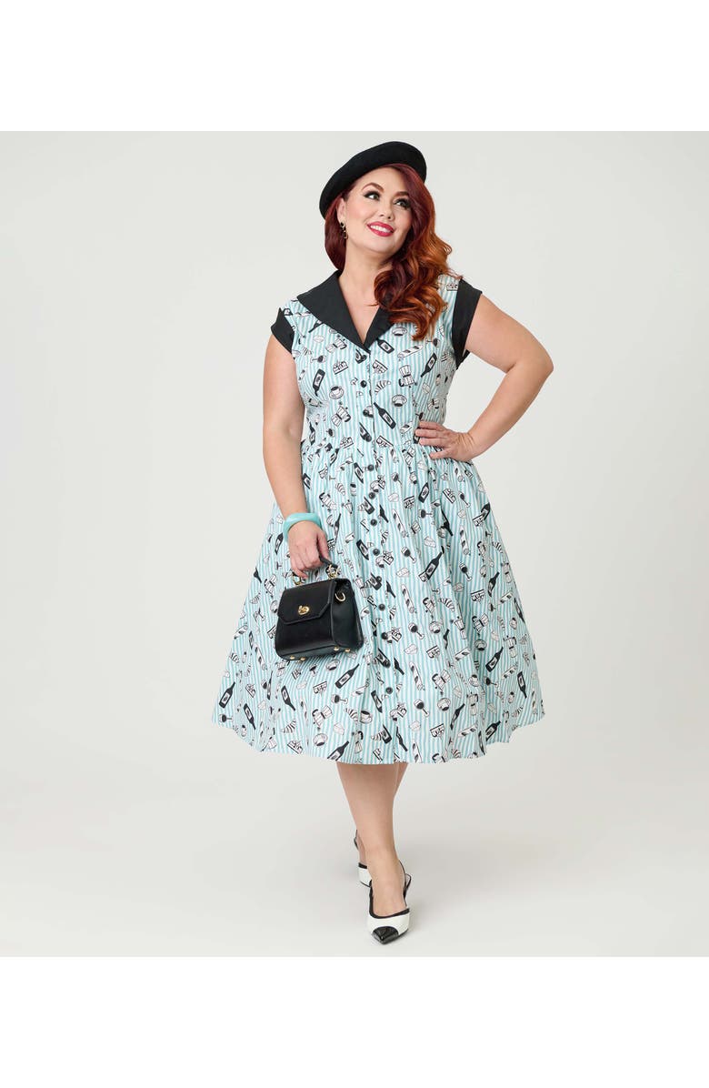 Unique Vintage Plus Size Cafe Swing Dress, Alternate, color, Blue Striped Café Print