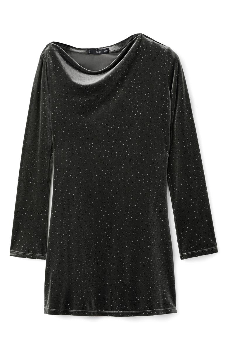 MANGO Rhinestone Long Sleeve Velvet Dress, Main, color, Charcoal