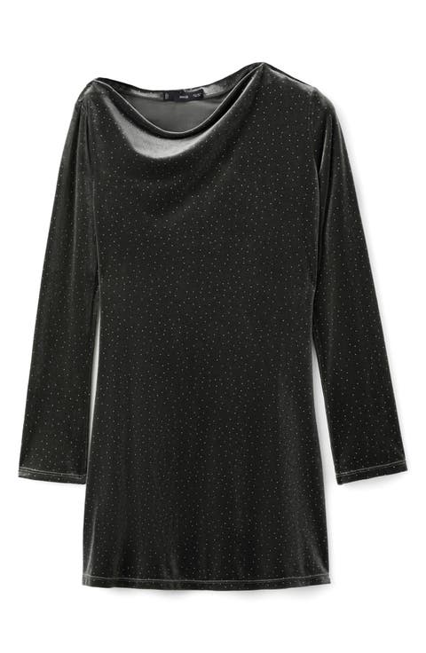 Rhinestone Long Sleeve Velvet Dress