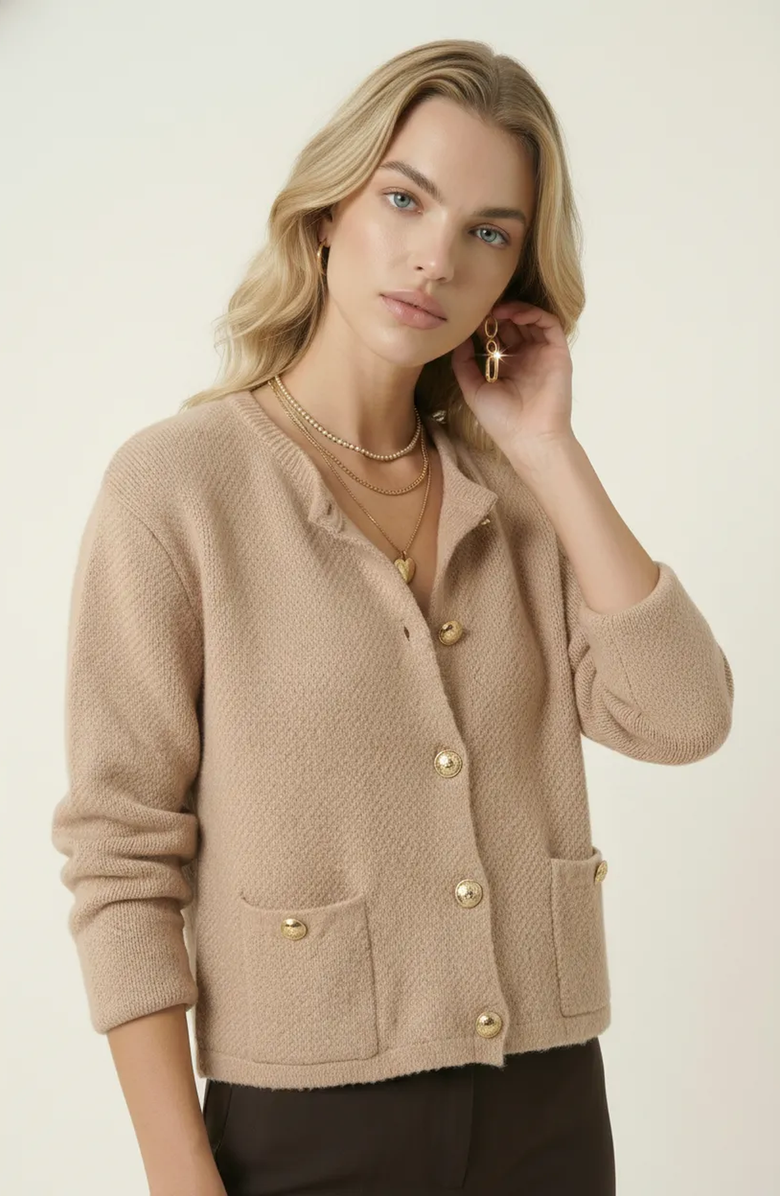 Modenaire Textured Knit Gold Button-Front Patch-Pocket Cardigan, Alternate, color, Beige