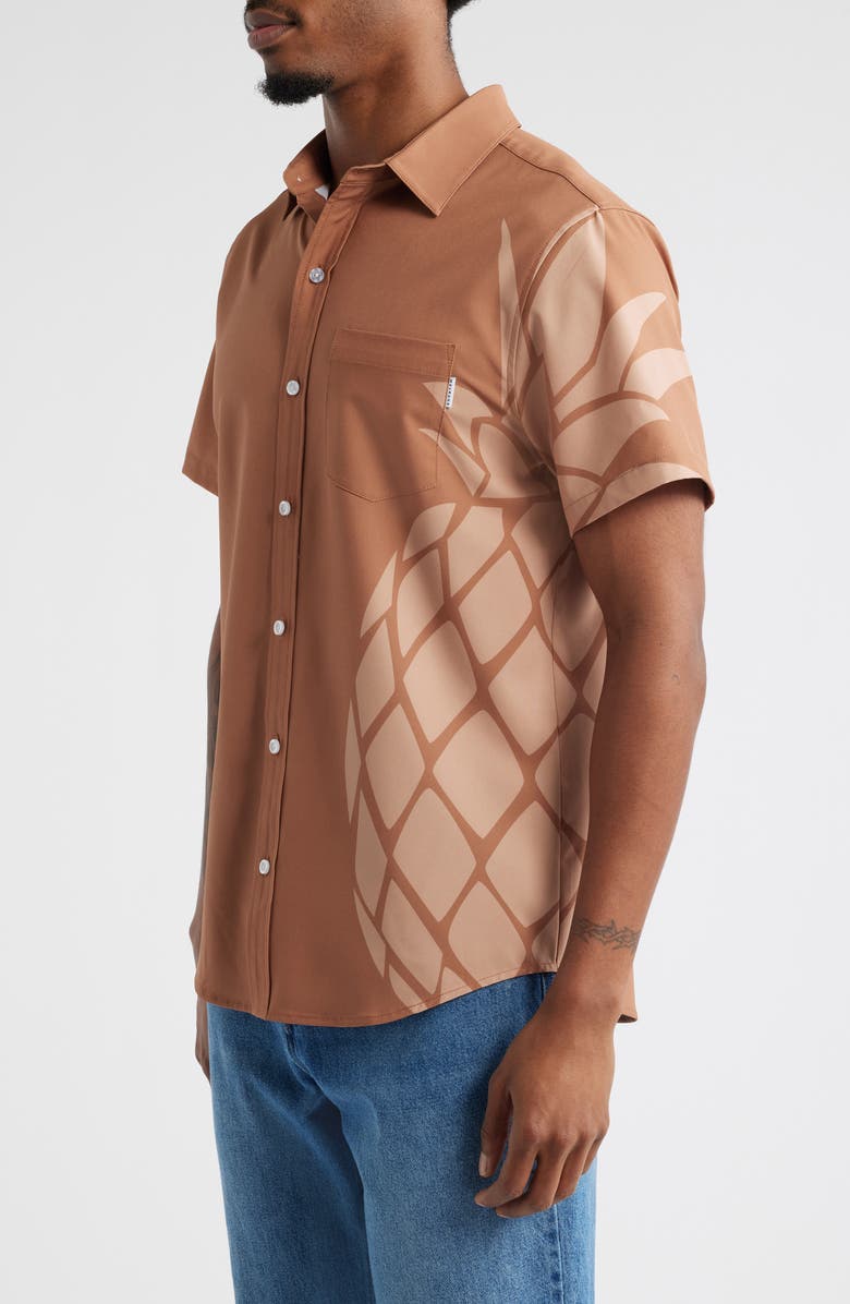MAVRANS Sand Pineapple Weekend Short Sleeve Performance Button-Up Shirt, Alternate, color, Brown