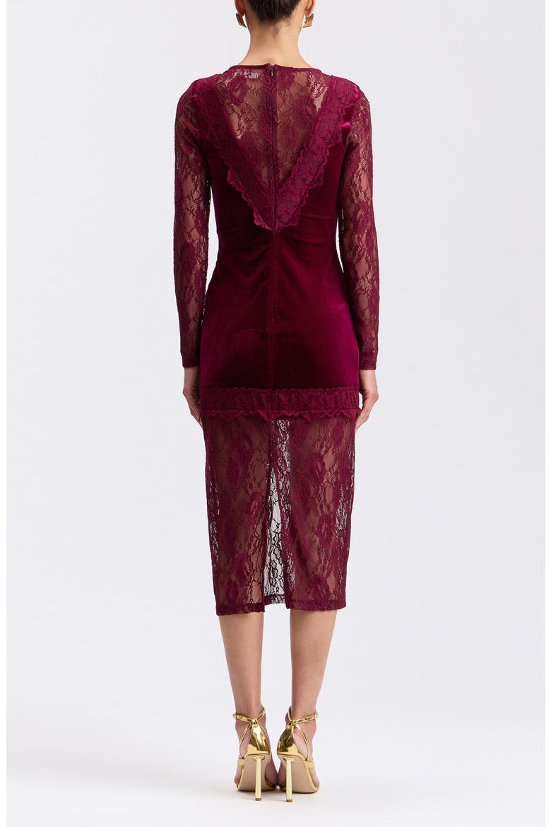 Lace & Velvet Midi Dress, Alternate, color, BURGUNDY