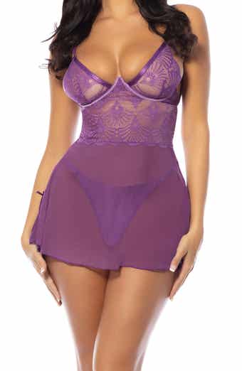 Oh La La Cheri Evrice Lace Trim Mesh Underwire Chemise & G-String Set