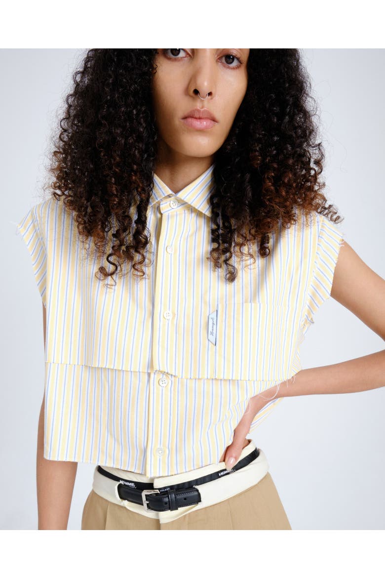 Sleeveless Layered Cropped Shirt, Alternate, color, YELLOW STRIPE OXFORD