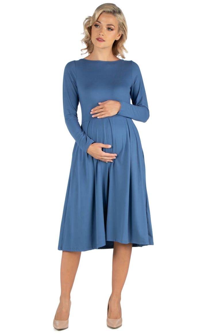 Maternity Midi Length Fit and Flare Pocket Dress, Main, color, Indigo