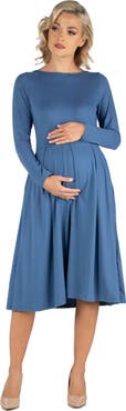 24seven Comfort Apparel Maternity Midi Length Fit and Flare Pocket Dress