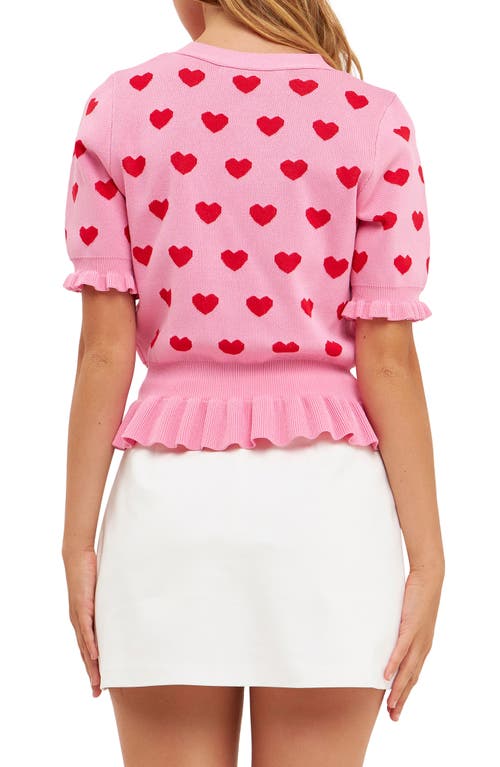 English Factory Puff Sleeve Heart Cardigan In Pink/red