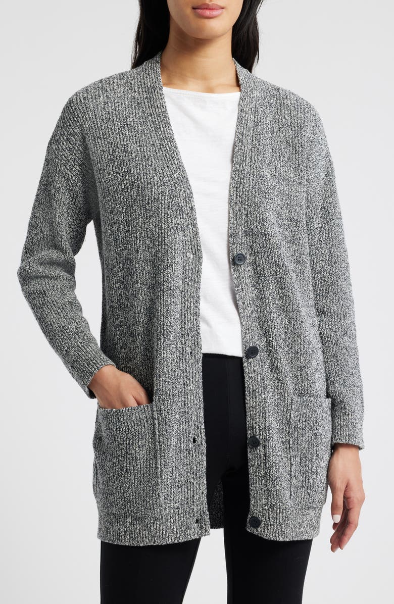 Eileen Fisher V-Neck Cotton Blend Cardigan, Main, color, Black/Ivory