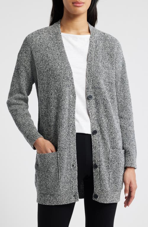 Eileen Fisher V-neck Cotton Blend Cardigan In Black/ivory
